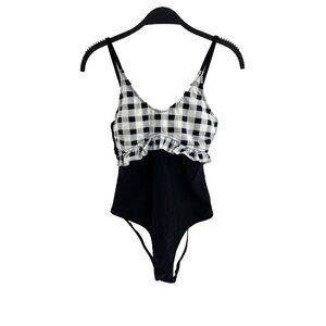 Cupshe Womens Size M One Piece Swimsuit Gingham Ruffle Black Monokini Swimwear